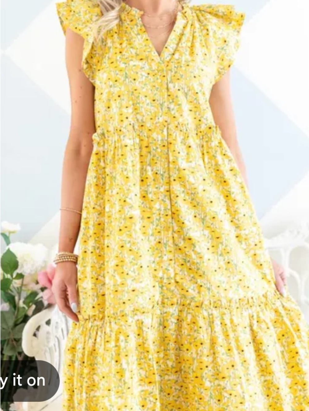 &merci Sunny Yellow Floral Midi Dress with Flutter Sleeves